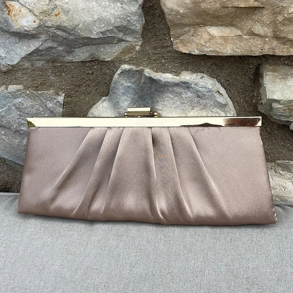 Jessica McClintock gold satin clutch purse with Gold Chain 10x4